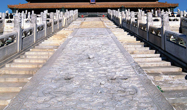 Researchers speculate that the Large Stone Carving (between the stairs) at Beijing’s Forbidden City was hauled along an ice-slicked roadway.