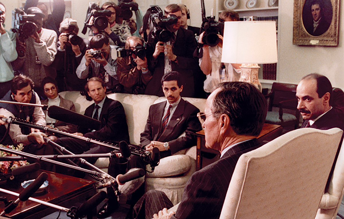 Nawaf al-Sabah &rsquo;94, center, in the Oval Office with his father, right, and President George H.W. Bush at a press conference.
