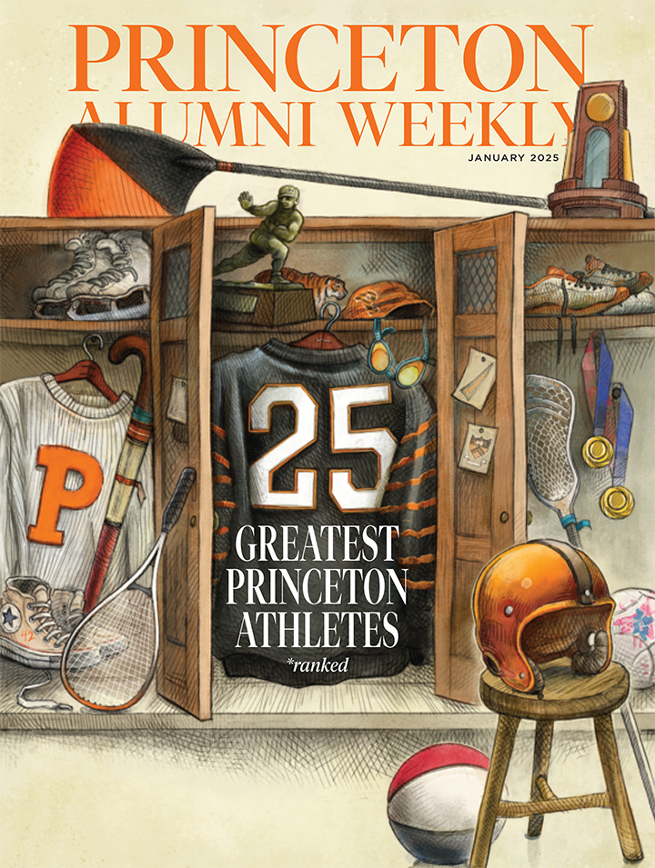 The cover of PAW’s January 2024 issue, featuring an illustration of a locker room and the headline "25 Greatest Princeton Athletes *ranked."