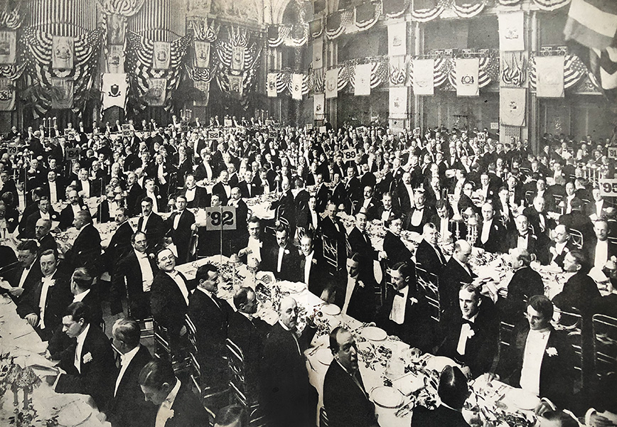 black and white photo of Alumni gather inside the Waldorf Grand Ball Room in New York City Feb. 23, 1912, to celebrate the election of John Grier Hibben 1882 as the 14th president of Princeton.