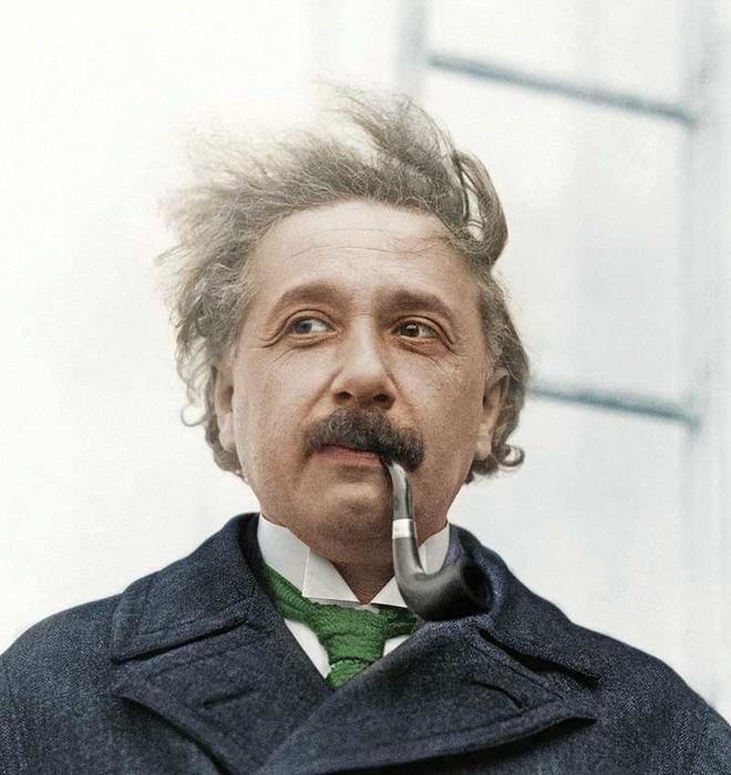 colorized photo of Albert Einstein smoking a pipe