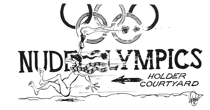 cartoon of nude studetns running with Olympic torch