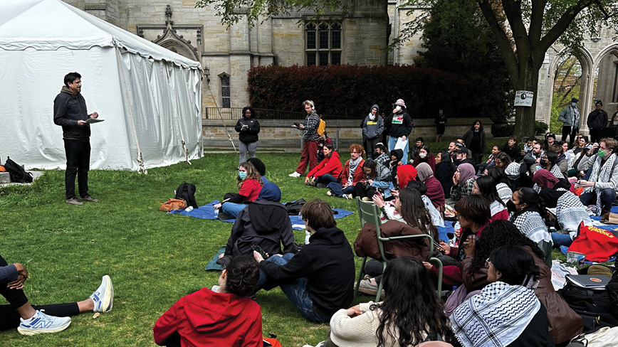 History professor Max Weiss teaches a class in McCosh Courtyard during the pro-Palestinian encampment in April 2024, a move that he says landed him on probation with the University.