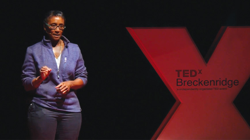 Monica Harris speaks at a TED X event in Breckenridge, Colorado
