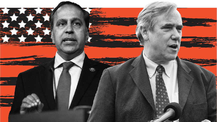 Graphic photo of Raja Krishnamoorthi &rsquo;95 and Jeff Merkley *82