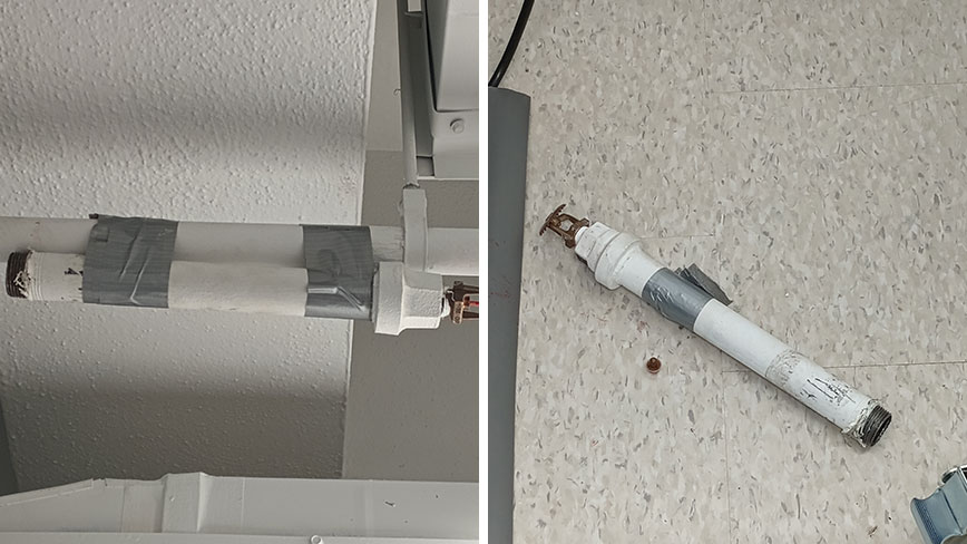 Left, a sprinkler pipe secured with duct tape, and right, a pipe that fell to the floor