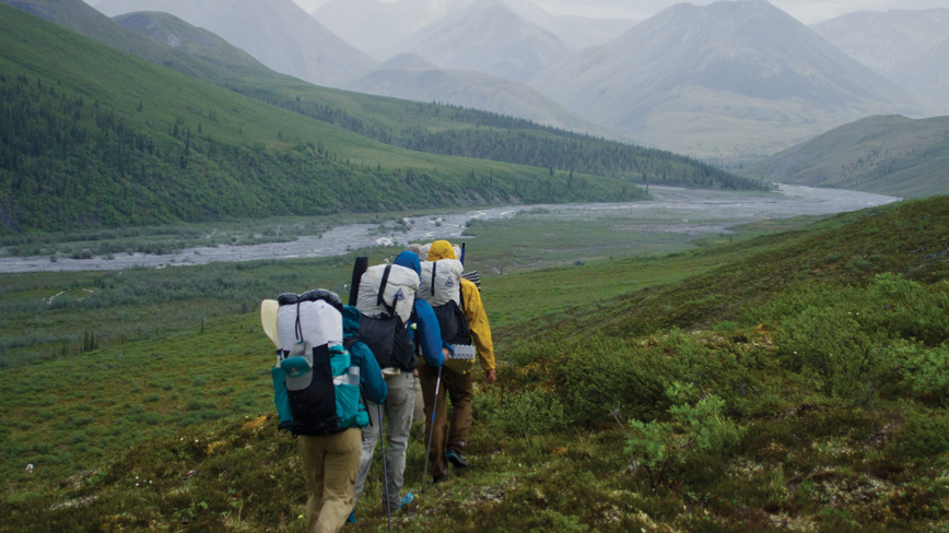 Three men with large camping backpacks trudge through the Alaskan wilderness