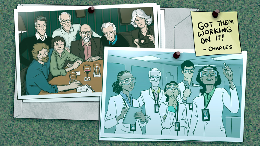 Illustration of two photos pinned to a wall, one photo of the 5 scientists and female photographer at the memorial service for John Wheler and the other photo showing a group of young 