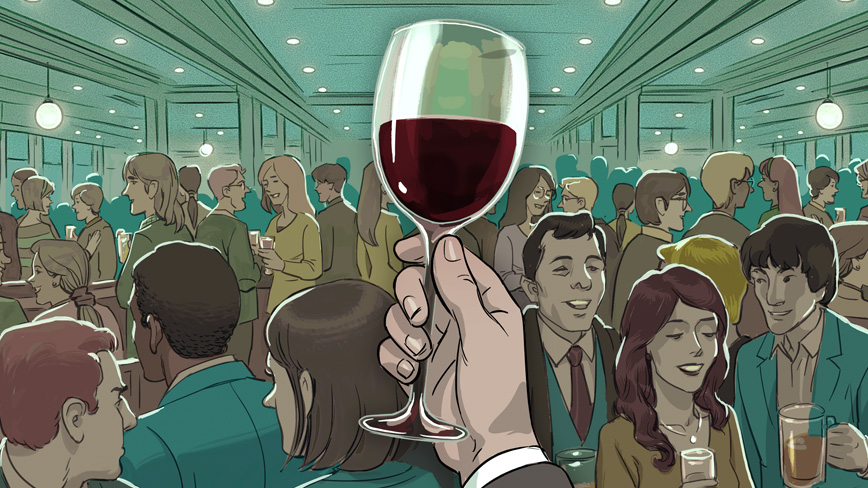 Illustration of a hand holding a glass of wine in a crowded Cambridge bar toasting the spirit of John Wheeler