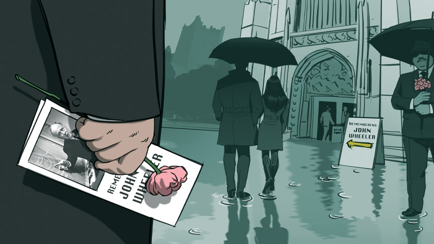 Illustration of a hand holding a pamphlet from the memorial of John Wheeler