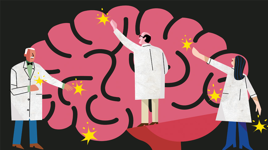 RESEARCH_BtR Sidebar Christina Kim.jpg Illustration of scientists engineering a human brain with sparks flying