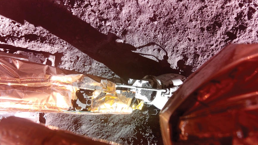 The Lunar PlanetVac instrument, developed by Honeybee Robotics, was deployed to the lunar surface and is shown at the end of Blue Ghost’s surface access arm