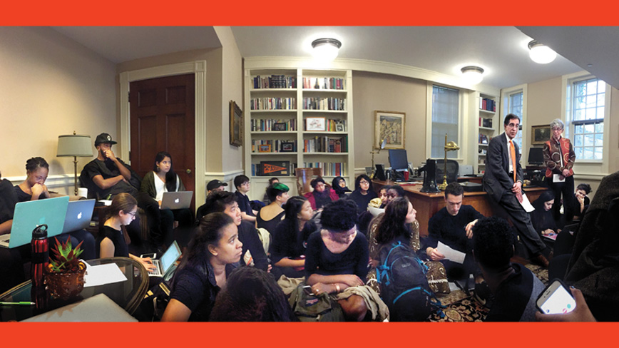 President Christopher Eisgruber &rsquo;83 speaks with students who spent more than 30 hours occupying his office in November 2015 protesting about racial justice issues, including Woodrow Wilson 1879&rsquo;s legacy at the University.
