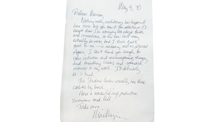 one of Scott&rsquo;s letters to Morrison when she was finishing her sophomore year in May 1990.