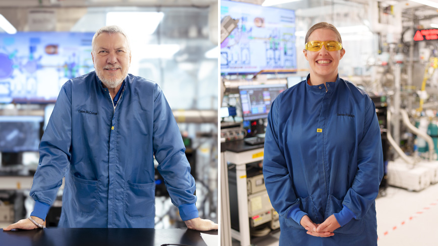 David McComas, left, and Jamie Rankin, shown in a clean room in the laboratory at Princeton, have collaborated on IMAP and in teaching an undergraduate lab course on space physics.