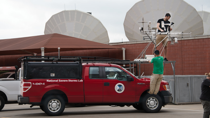 Storm chasers at the National Severe Storms Laboratory gather data with these instrument-studded trucks to better understand tornadoes.