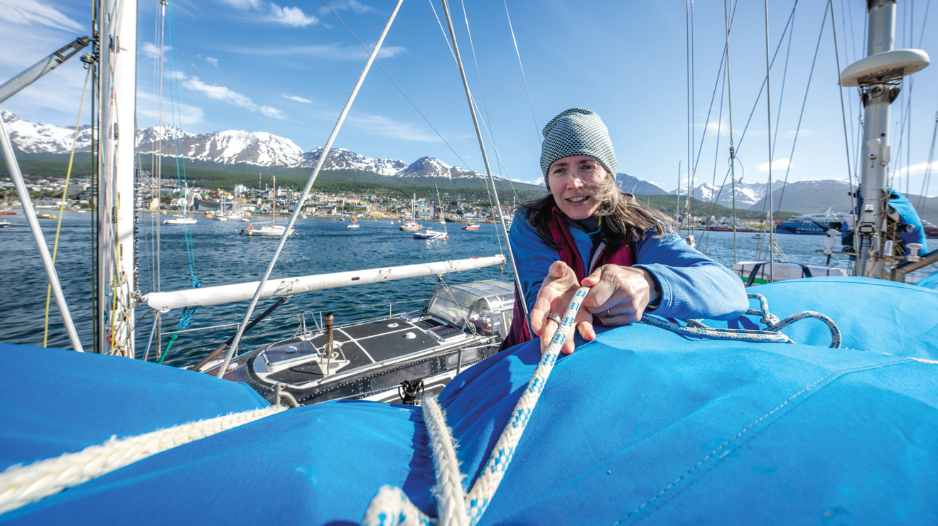 Laura K.O. Smith &rsquo;05, shown in Ushuaia, prepares the Ocean Tramp, which she and her husband, Federico Guerrero, purchased in 2013.