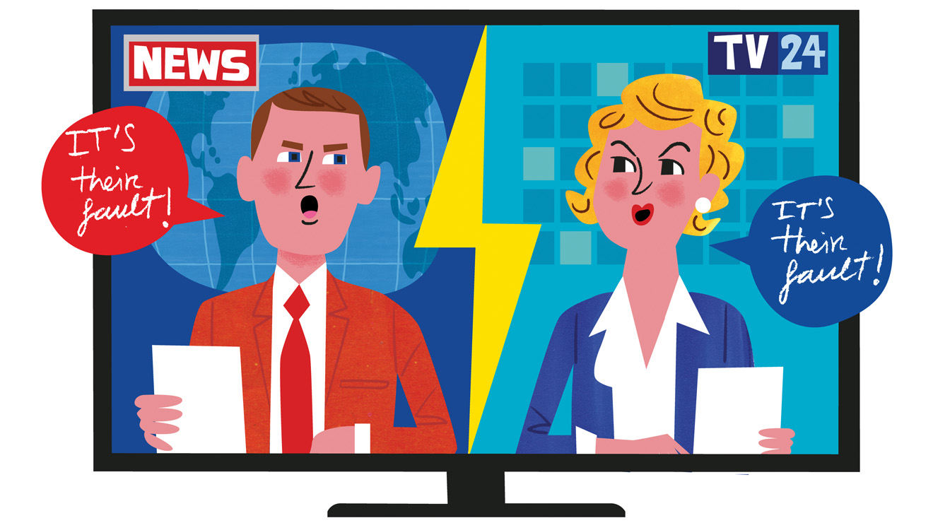 illustration of two tv anchors representing two opposing views and yelling at each other that everything is their fault