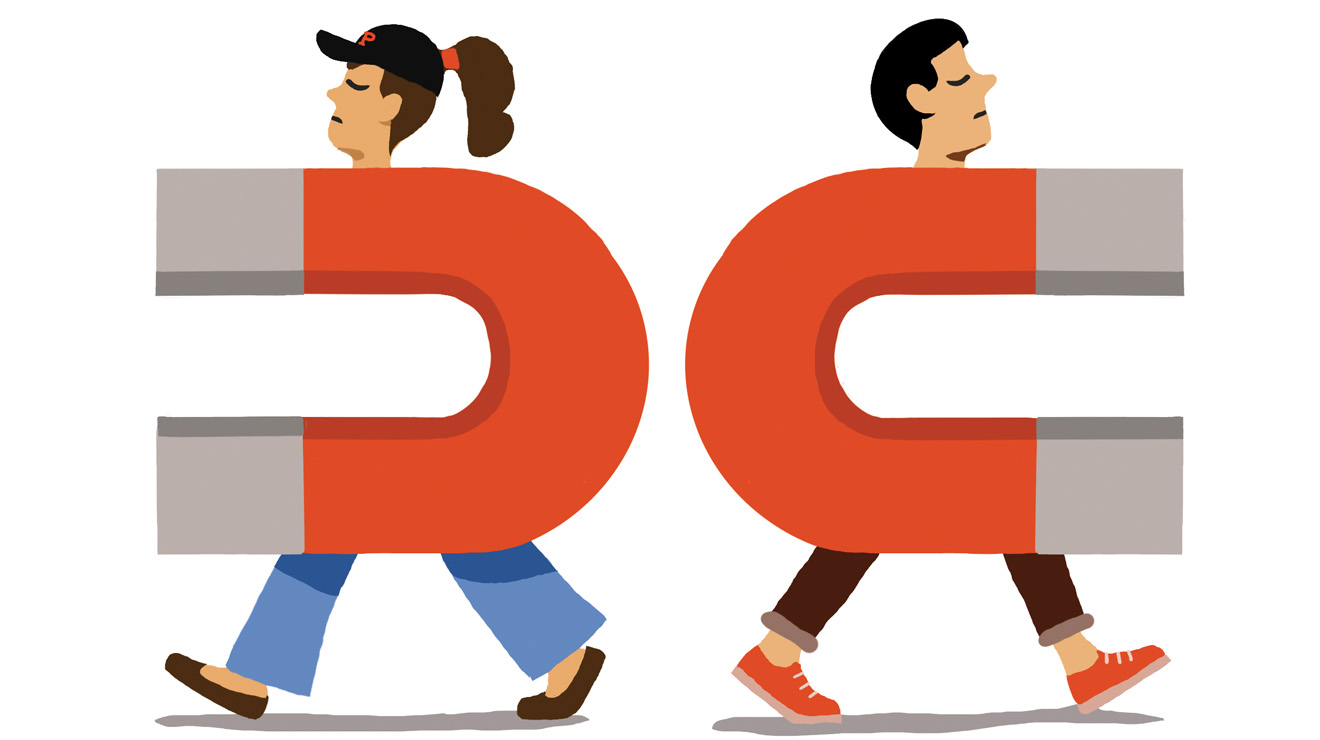 DATING_Breakups.jpg Illustration of two students walking in opposite directions while carrying large red horseshoe magnets around their bodies. The students appear disengaged, symbolizing attraction, connection, or social dynamics.