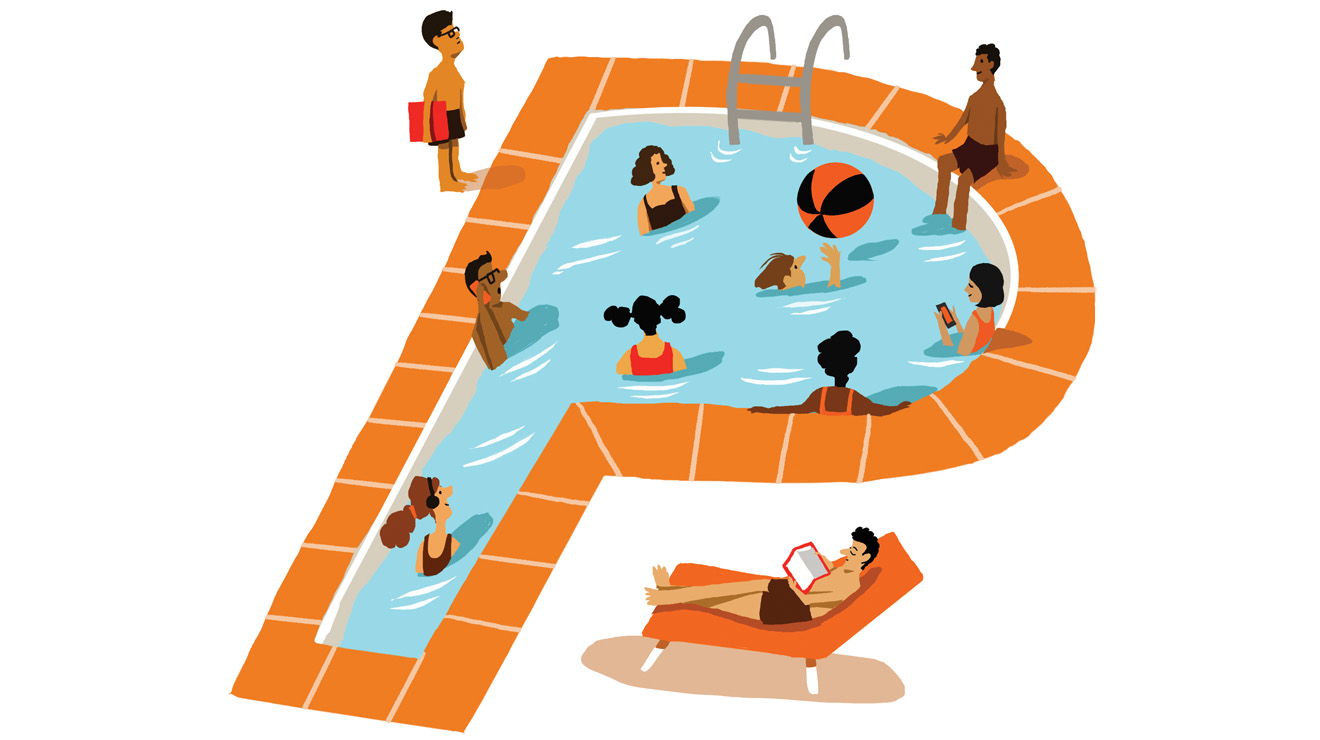 DATING_Dating Pool.jpg Illustration of a swimming pool shaped like the letter “P,” with several people relaxing and swimming. Some sit at the pool’s edge, others float or play with a beach ball, and one person lounges nearby reading on a sun chair. The pool deck is orange tile against a light gray background.