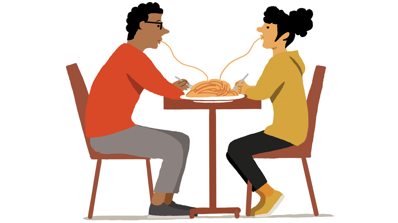 DATING_Eating Clubs.jpg Illustration of two people sitting across from each other at a table, sharing a plate of spaghetti and eating the same noodle in a playful, romantic scene.