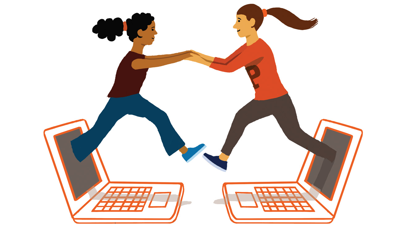 DATING_Online.jpg Illustration of two women stepping out of separate laptop screens and reaching toward each other while holding hands, symbolizing online connection or digital dating. The laptops face each other against a light gray background.