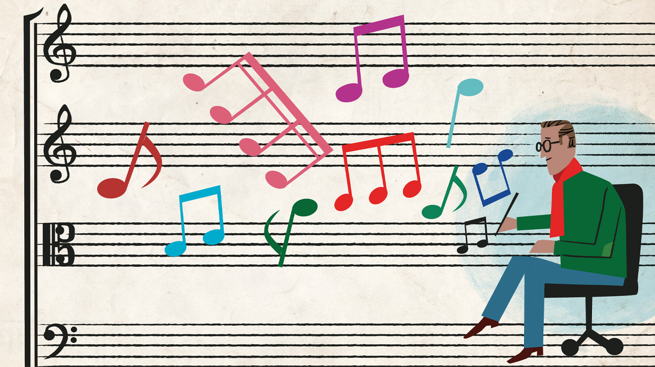 Illustration of a music composer seated at a desk writing notes on a musical staff, surrounded by colorful floating music notes on sheet music backgrounds.