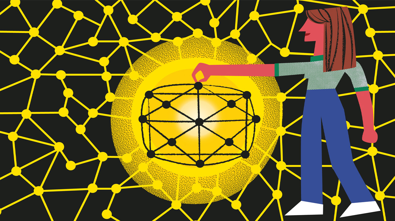 RESEARCH+Behind the Research JulyAug 26.jpg Illustration of a woman holding a glowing network that is atached to thousands of smaller glowing networks