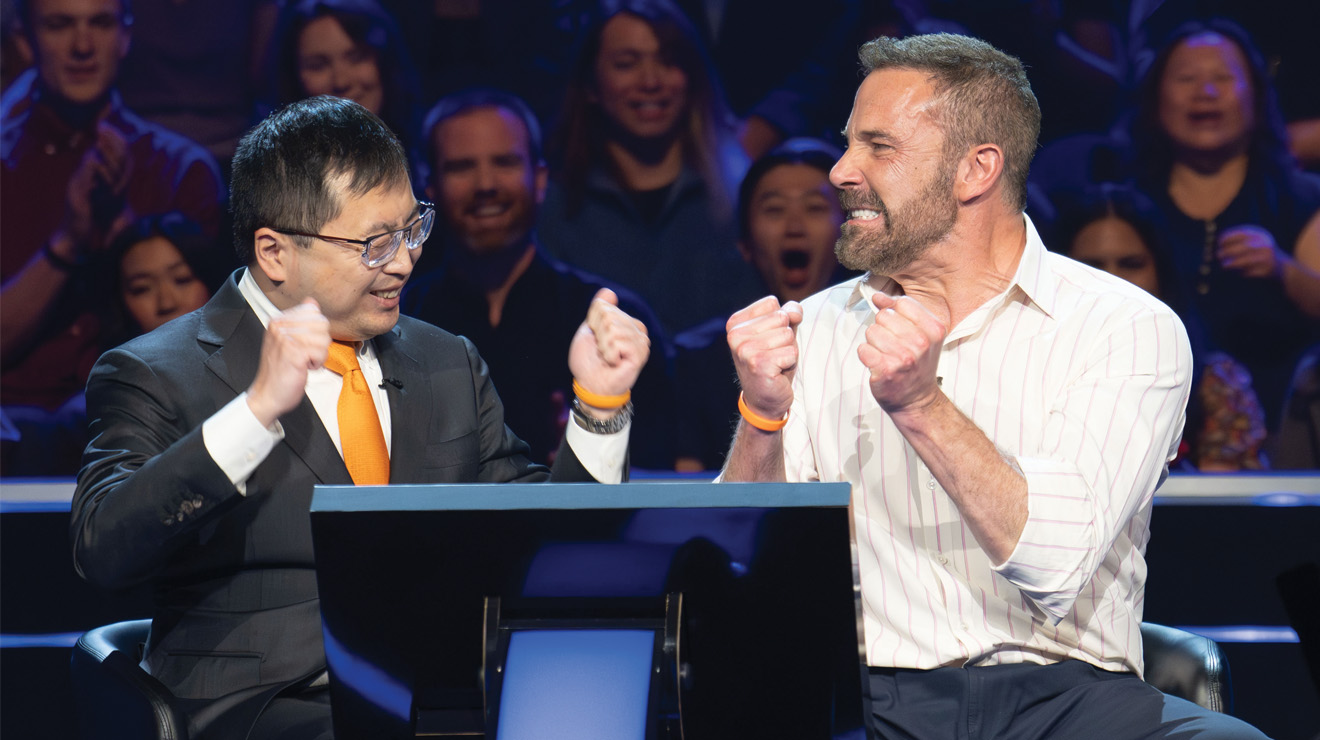 Jamie Ding &rsquo;13 recently teamed up with actor Ben Affleck, right, on Who Wants to Be a Millionaire?