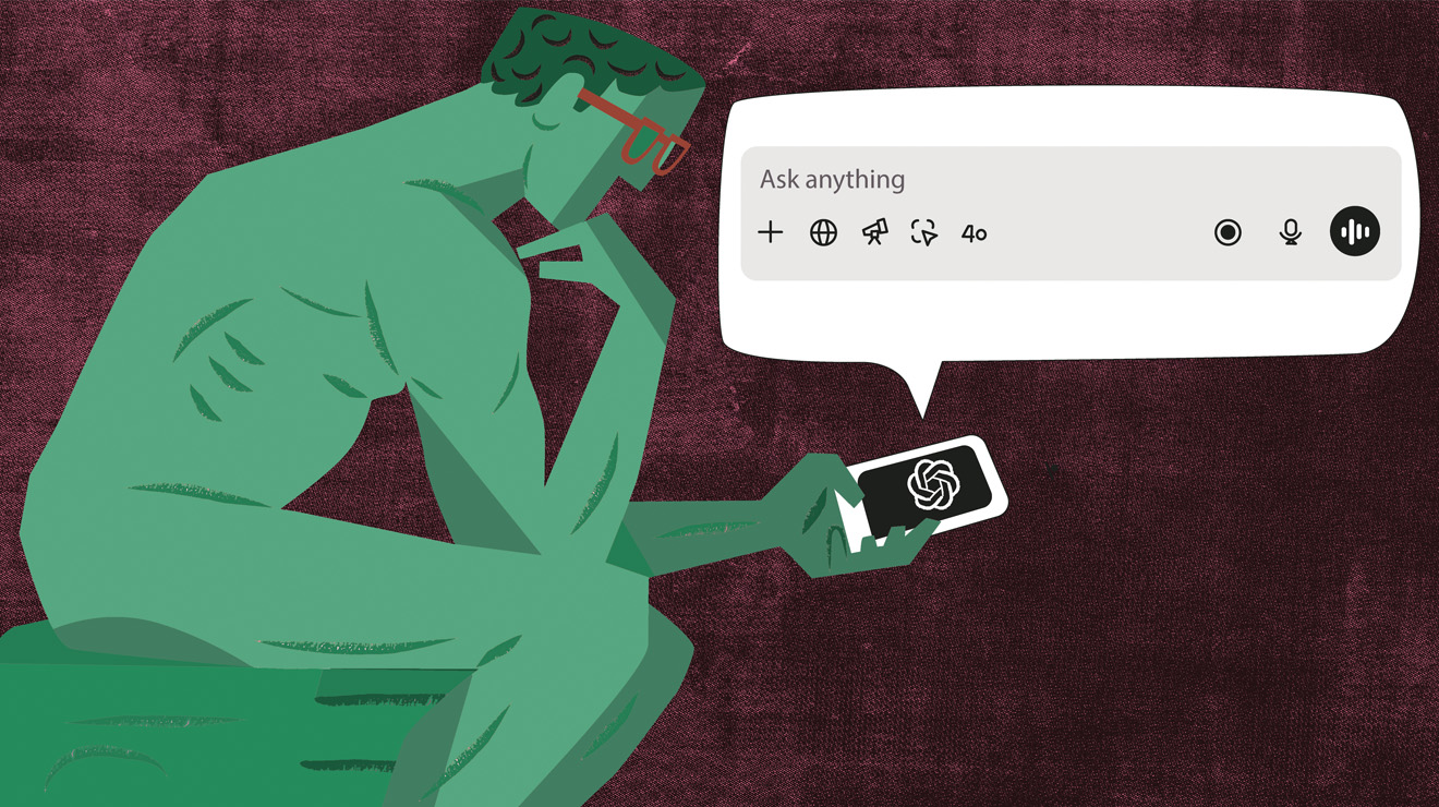 Illustration of the thinker statue holding a phone and using Chat GPT