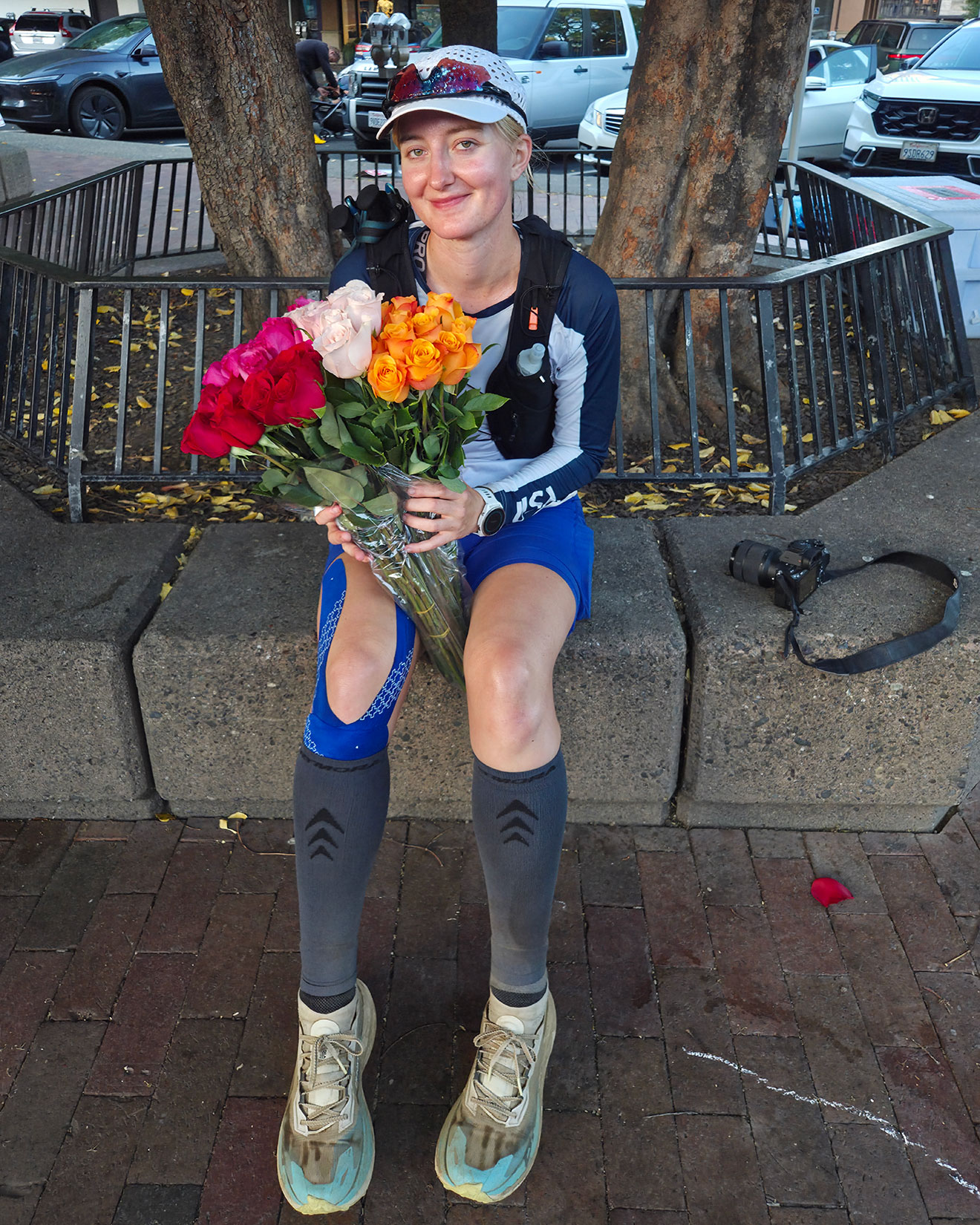 Sam Smart takes a well-deserved rest at the end of her 61-hour trek.