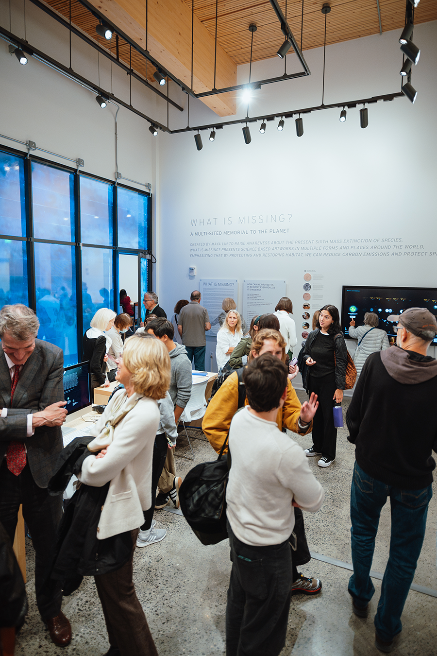 Visitors explore the "What Is Missing? What If?" exhibit, the first in Briger Hall&rsquo;s Environmental Gallery.