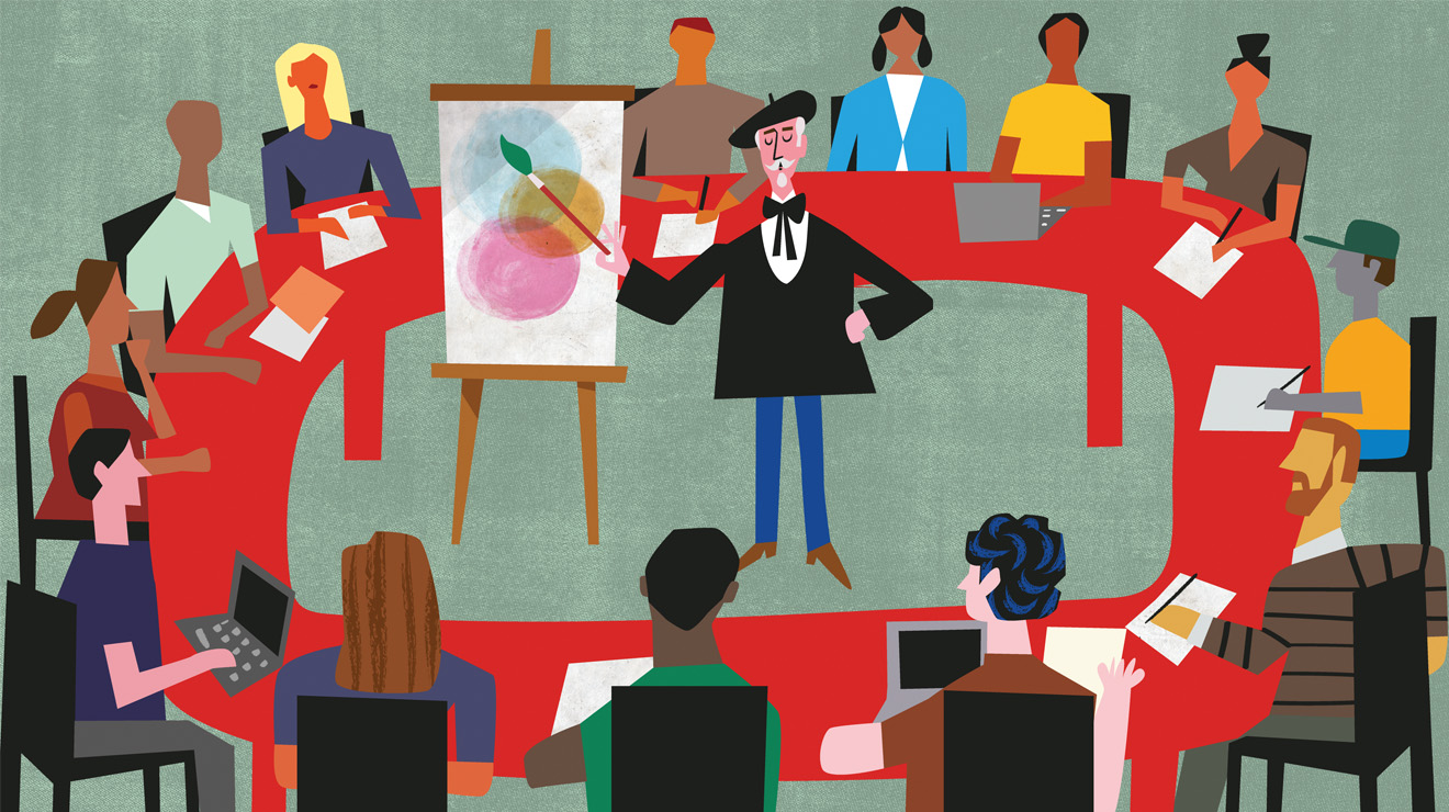 Illustration of an artist with an easel teaching a group of students gathered in a circle