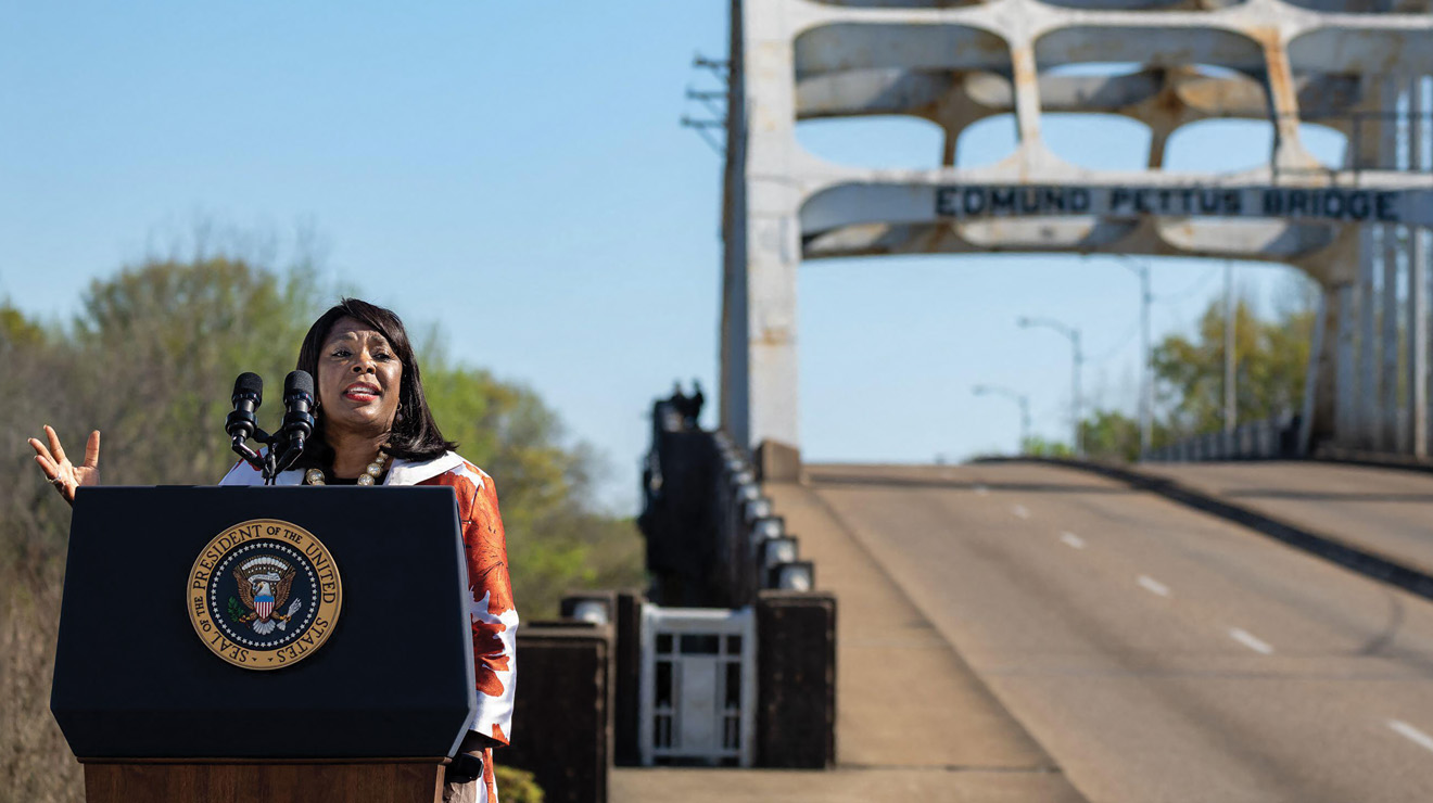 SEWELL_Terri Sewell Bridge.jpg Terri Sewell ’86 speaks at a March 2023 commemoration of Bloody Sunday at the Edmund Pettus Bridge.