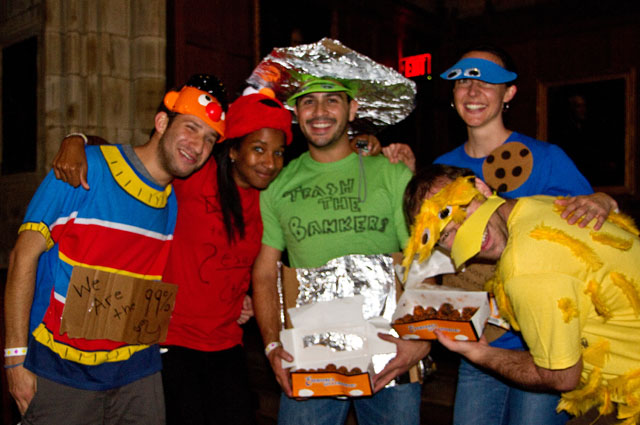 "Occupy Sesame Street" won the night's costume contest. The protest participants were, from left, Chad Maisel, Stephanie Durden, Camilo Forero, Laura Tatum, and Sebastian Chaskel. (Photos by John O'Neill '13)