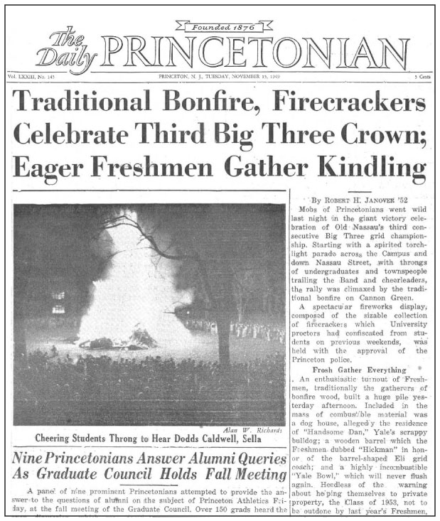 Front-page coverage of the Big Three bonfire in The Daily Princetonian Nov. 15, 1949