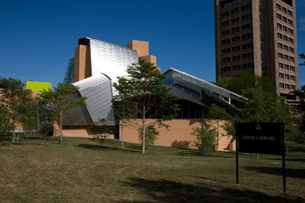 An overview of the Lewis Library, with Fine Hall to the right. 