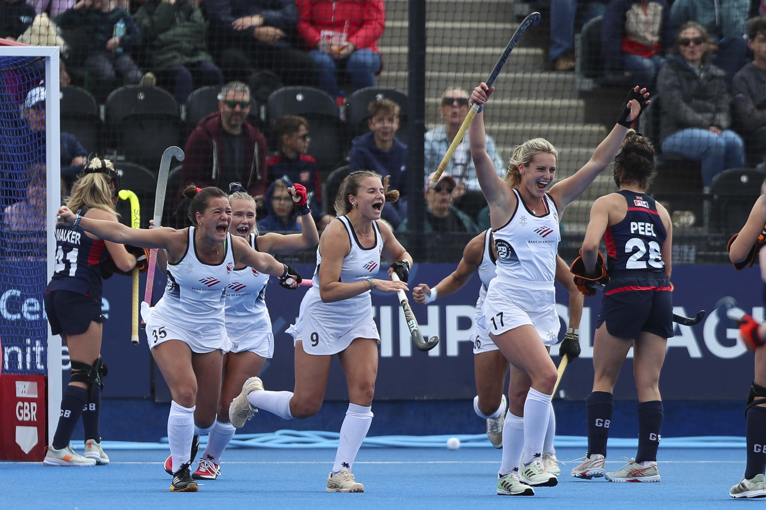 AP24153565007104.jpg Beth Yeager ’26 (No. 17 in white) celebrates scoring a goal during the United States’ Women's FIH Hockey Pro League match against Great Britain on June 1.