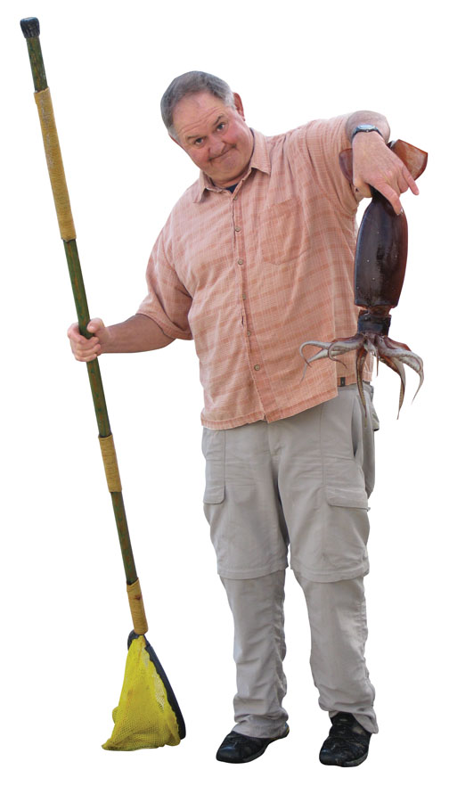 William Gilly ’72 at Stanford’s Hopkins Marine Station in Pacific Grove, Calif., holding a Humboldt squid.
