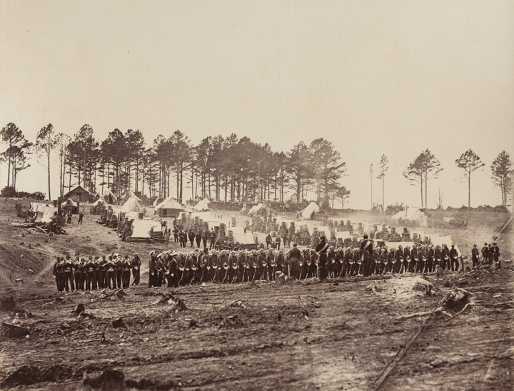 “Guard Mount Headquarters, Army of the Potomac” — The 114th Regiment of Pennsylvania Volunteers, under the command of Captain Collis, chose to fight in the gaudy red uniforms of Zouaves, French soldiers in the north of Africa. Wrote Gardner: “The