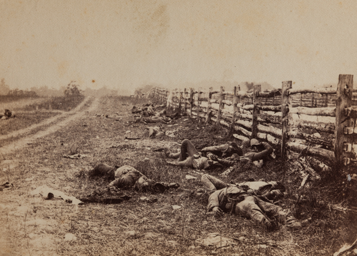 “View in the Field” — Two days after the battle of Antietam, Gardner shot this image of Confederate corpses lining the Hagerstown Road. 