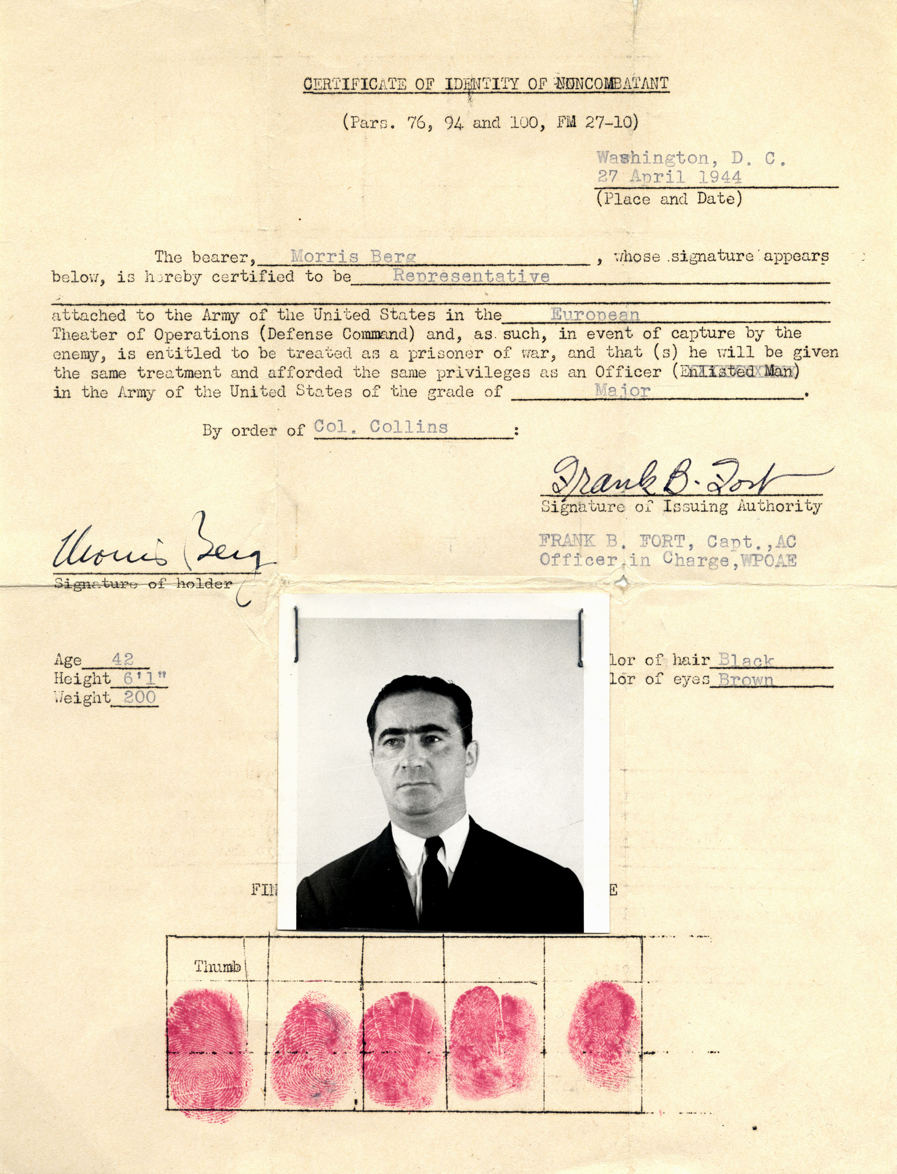 Berg-Certificate.jpg Berg used his foreign language skills to collect intelligence in Europe during World War II, working for the Office of Strategic Services. In 1944, he was issued this "certificate of identity of non-combatant" to carry during his travels.