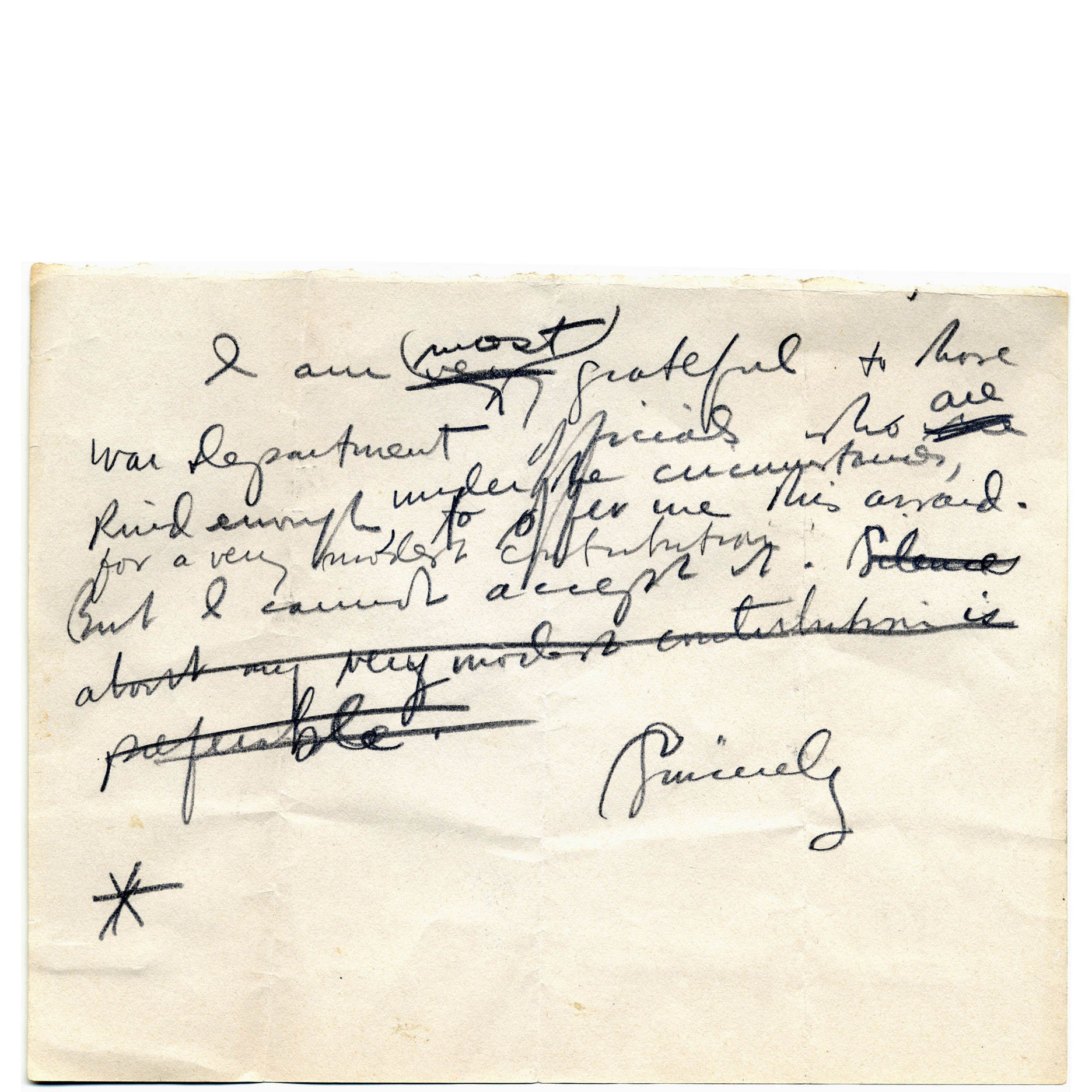 Berg-Refusal-Draft_b.jpg When Berg was selected to receive the Presidential Medal of Freedom, he declined the award. In this draft of his letter of refusal, he downplays his espionage work as a "very modest contribution."