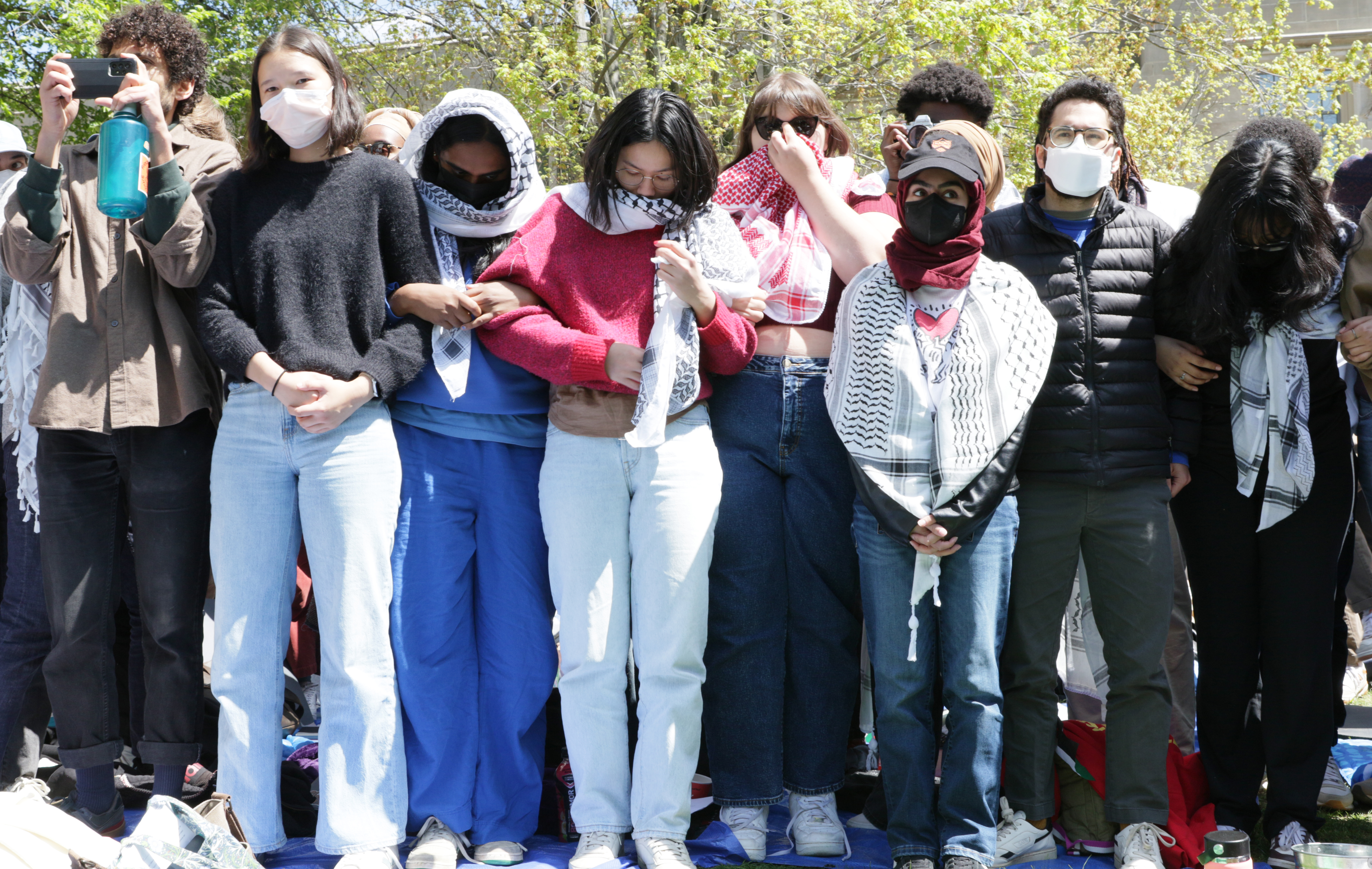 Bev2_linkedarms_cropped.jpg Protesters link arms at the pro-Palestine demonstration; a couple of them look down.