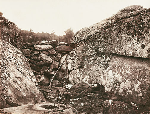 CivilWar6.jpg Home of a Rebel Sharpshooter, Gettysburg, July 1863: Gardner drew on his poetic instincts as he imagined the death of this “rebel sharpshooter”: “What visions, of loved ones far away, may have hovered over his stony pillow!” Recent scholarship has