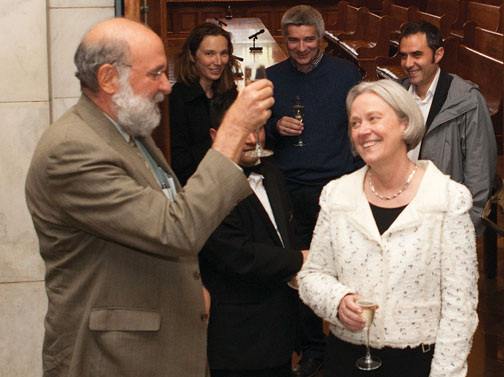 Dean of the Faculty David Dobkin toasts President Tilghman at a faculty meeting.