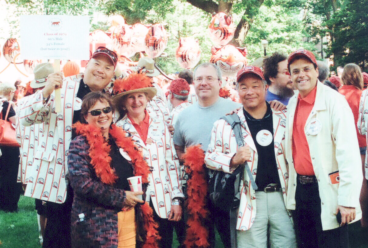 From left: Wayne Lau ’79 (with sign), Leslie Bennett ’80, Amy Grimm ’79, Mark Frawley ’79, Larry Tsai ’79, and Andy Fies ’79.