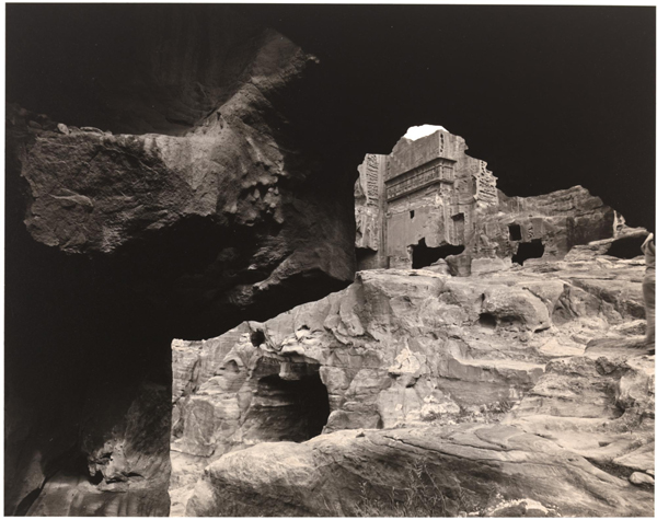 Emmet Gowin, American, born 1941: Tomb Fragments, the Outer Siq, Petra, Jordan, 1983, printed 1985. Toned gelatin silver print, 19 x 24.1 cm. Collection of Richard and Ronay Menschel. © 1983, Emmet Gowin / photo: Bruce M. White.