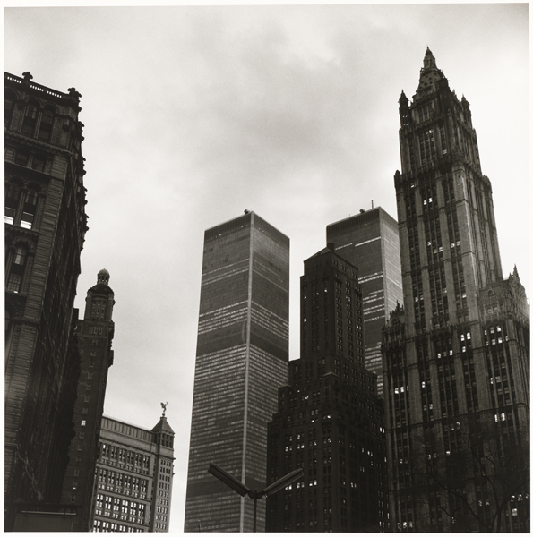 Peter Hujar, American, 1934–1987: The World Trade Center, Twilight, 1976. Gelatin silver print, 37.5 x 37.5 cm. Collection of Richard and Ronay Menschel. © 1987, The Peter Hujar Archive LLC. Courtesy Matthew Marks Gallery NY / photo: Bruce M. White.