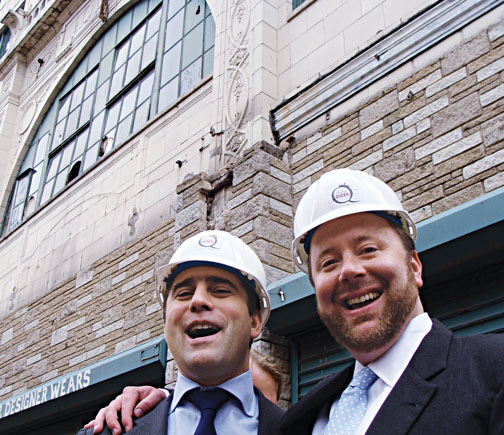  Chris Buccini ’94, left, and Bill Taylor ’95 at the Queen Theater groundbreaking Oct. 2.
